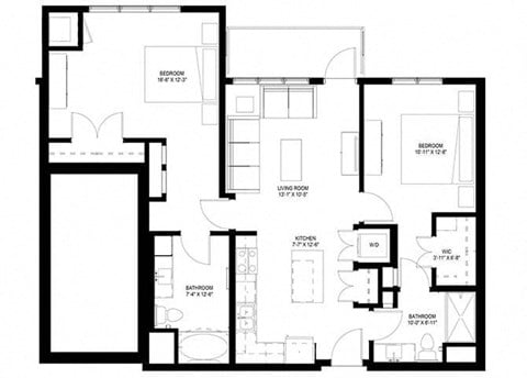 Floor plan for 2 beds, 2 baths, 1136 sqft